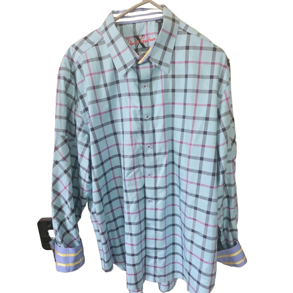 ROBERT GRAHAM X Men's Dress Shirt Size 2XL Blue / Pink / Black / Contrast Cuff